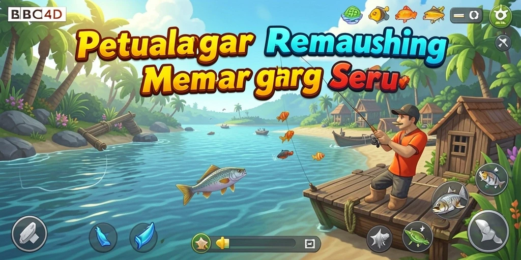 Screenshot gameplay BBCA4D menampilkan keseruan memancing di lokasi indah.