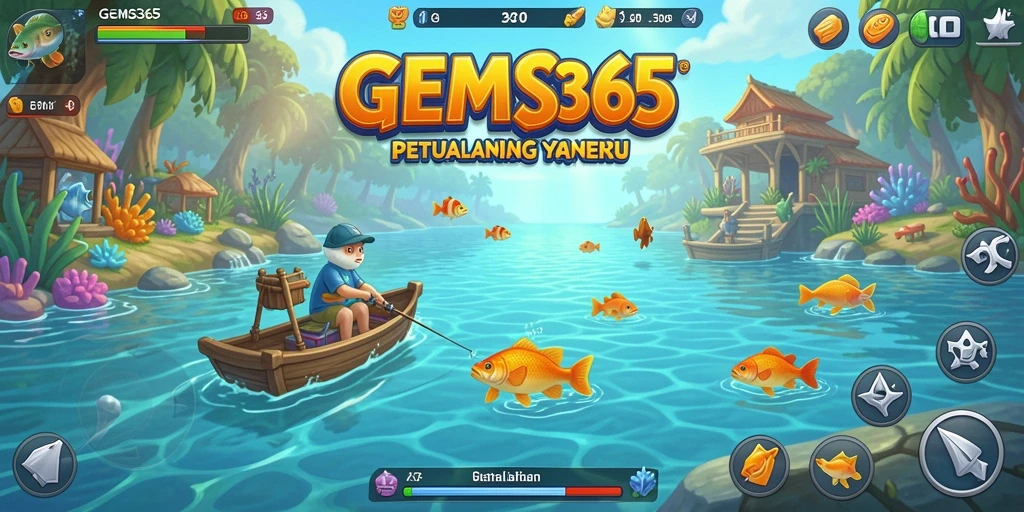 Screenshot gameplay GEMS365 menunjukkan aktivitas memancing yang mendebarkan.