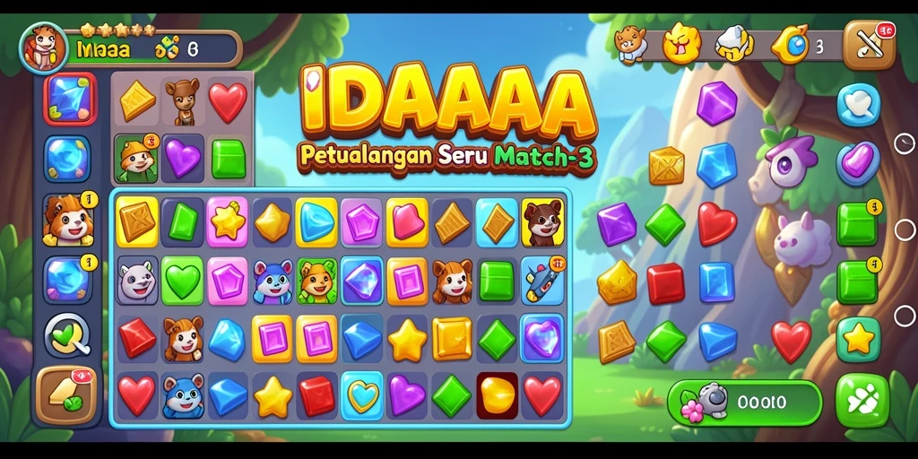 Screenshot gameplay INDAAA menampilkan fitur Match-3 yang menarik.