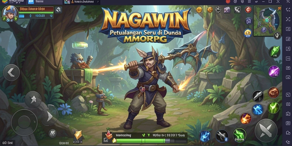 Screenshot gameplay NAGAWIN menampilkan pertempuran epik di dunia fantasi.
